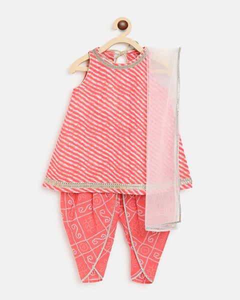 Pre-Order: Girls Suit Set Printed Leheriya - Pink