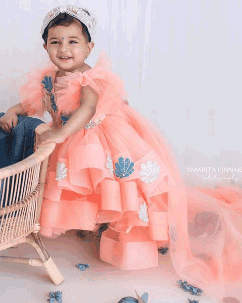 Pre-Order: Peach Heavy Flared High Low Dress with Trail