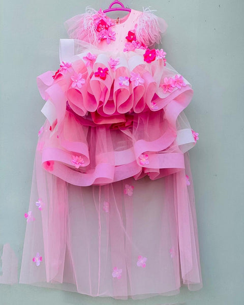 Pre-Order: Pink High Low Handwork Flower Dress with Trail