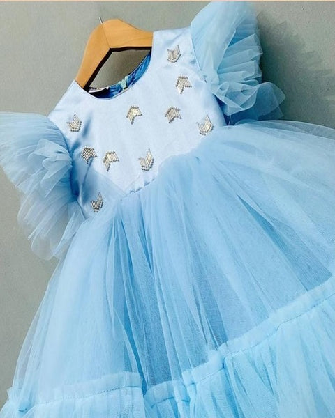 Pre-Order: Blue Knee Length Frill Length Dress