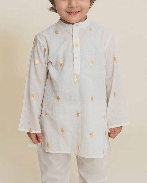 White with Gold Print Kurta