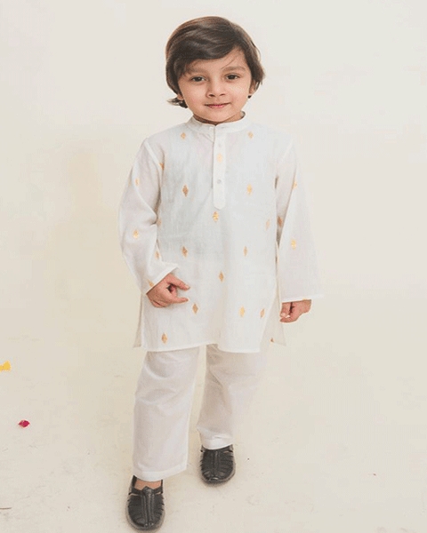 White with Gold Print Kurta