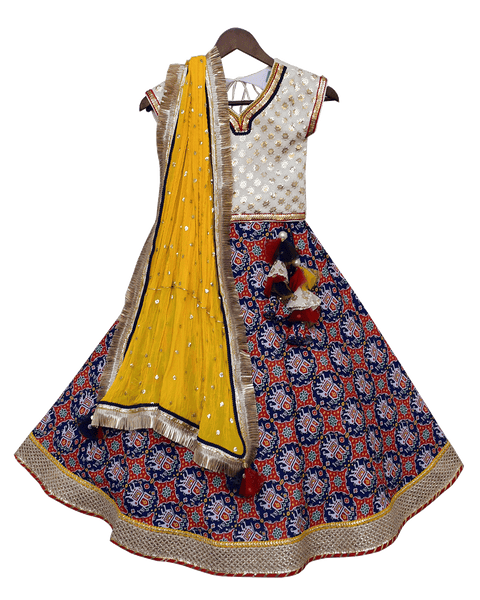 Pre-Order: White Embroidery Choli with Blue Printed Lehenga