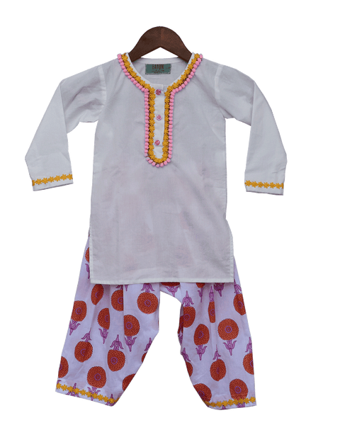 Pre-Order: White Kurti with White Printed Dhoti