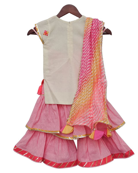 Pre-Order: White Multi Colour Bootie Kurti with Pink Sharara