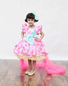Pre-Order: White and Neon pink Floral Print Dress with Detachable Trail