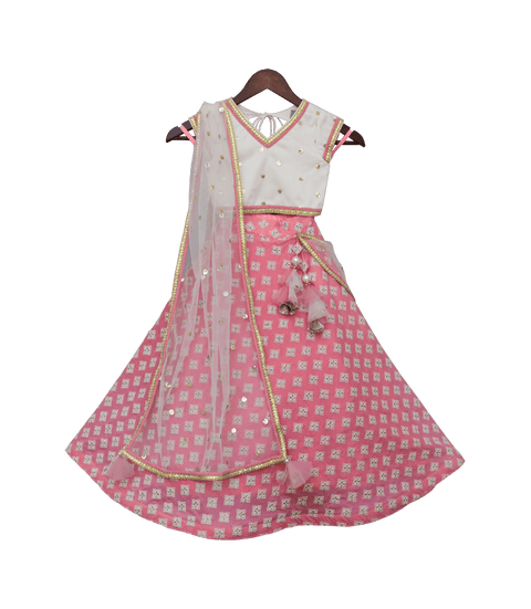 Pre-Order: White Embroidery Choli with Peach Lehenga
