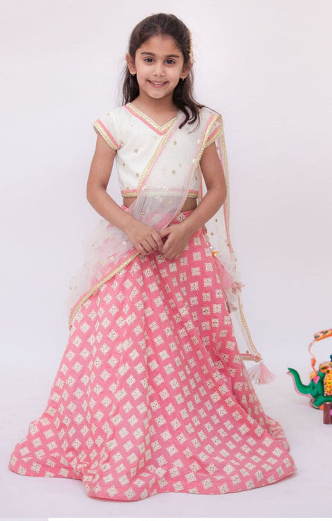 Pre-Order: White Embroidery Choli with Peach Lehenga