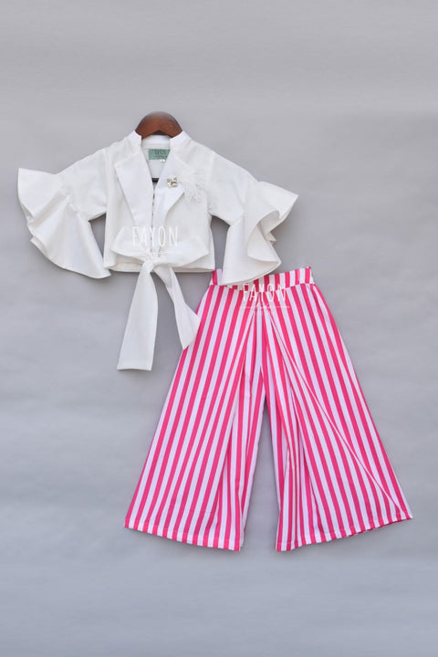 Pre-Order: White Knotted Top with Pink & White Stripe Plazo
