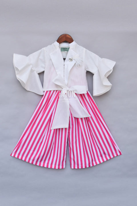 Pre-Order: White Knotted Top with Pink & White Stripe Plazo