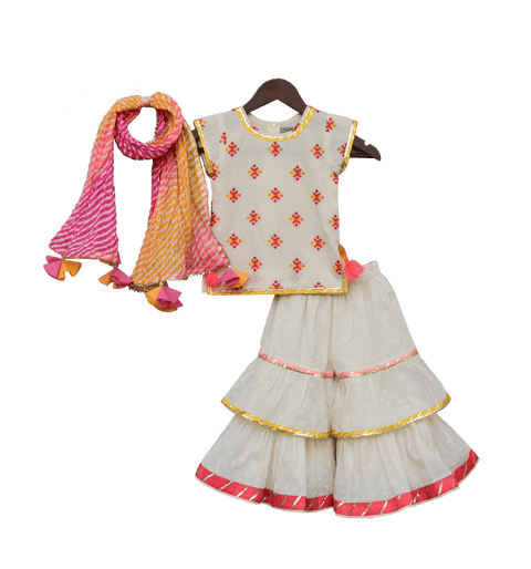 Pre-Order: White Multi Colour Butti Kurti with Sharara