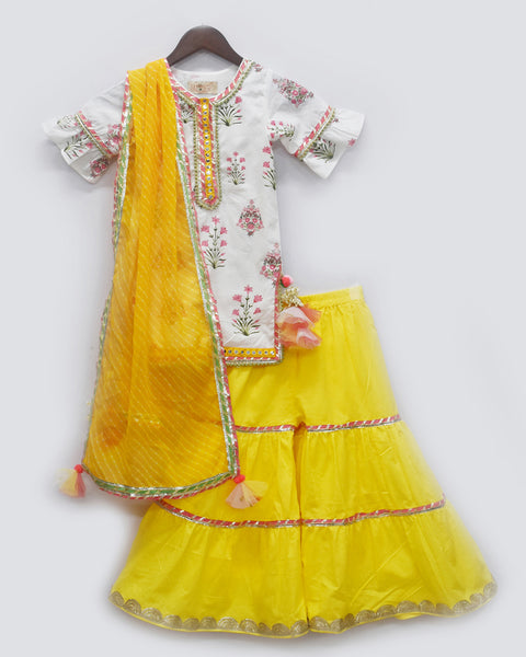 Pre-Order: White Printed Kurti with Yellow Sharara Set