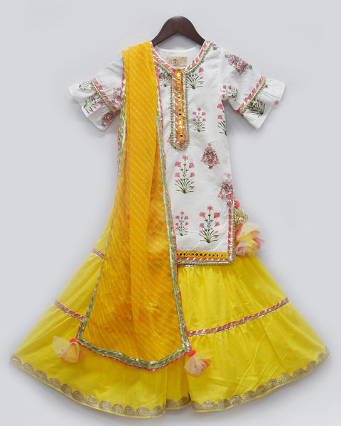 Pre-Order: White Printed Kurti with Yellow Sharara Set
