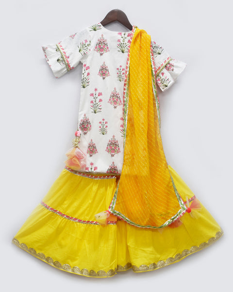 Pre-Order: White Printed Kurti with Yellow Sharara Set