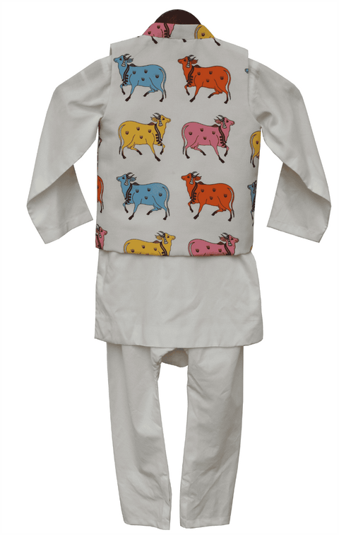 Pre-Order: White Printed Nehru Jacket with White Cowl Kurta and Churidar