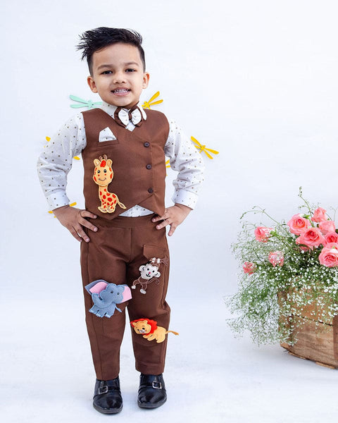 Pre-Order: White Shirt with Brown Waist Coat and Pant with Animals motifs