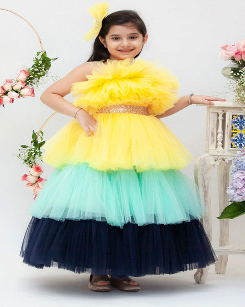 Pre-Order: Yellow Aqua and Blue Frill Gown