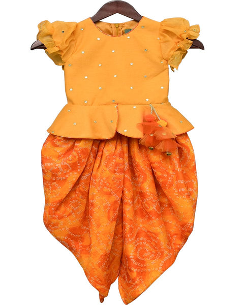 Pre-Order: Yellow Chanderi Butti Peplum Top with Dhoti