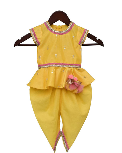 Pre-Order: Yellow Chanderi Foil Printed Peplum with Dhoti