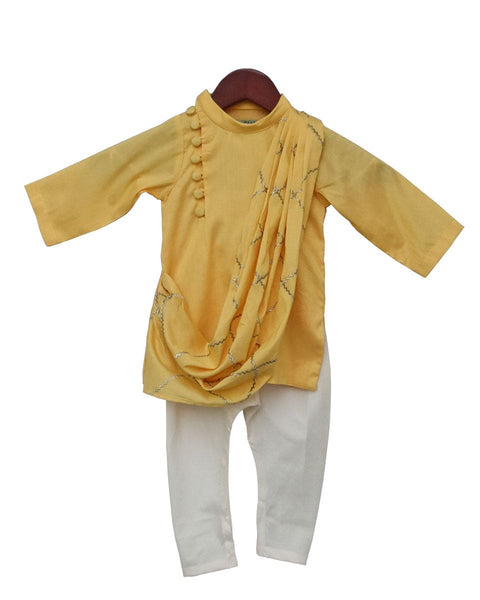 Pre-Order: Yellow Embroidery Cowl Kurta with Off-White Churidra