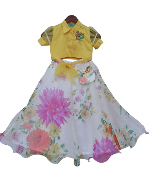 Pre-Order: Yellow Knotted Top with Ivory Printed Lehenga