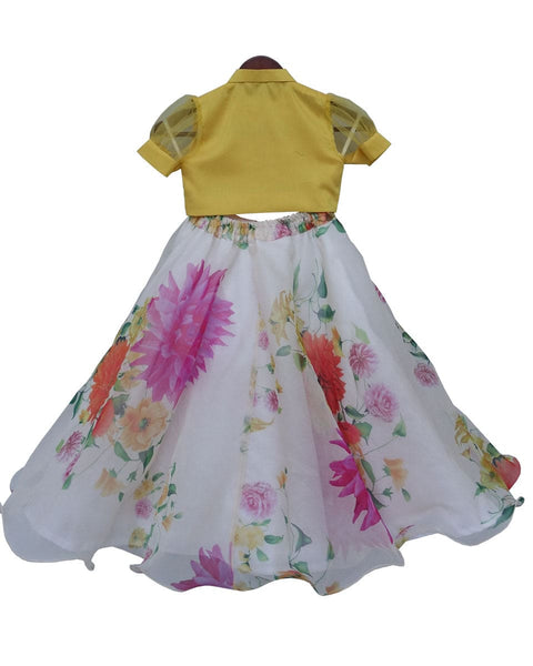 Pre-Order: Yellow Knotted Top with Ivory Printed Lehenga