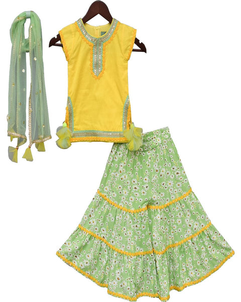 Pre-Order: Yellow Kurti with Green Printed Sharara