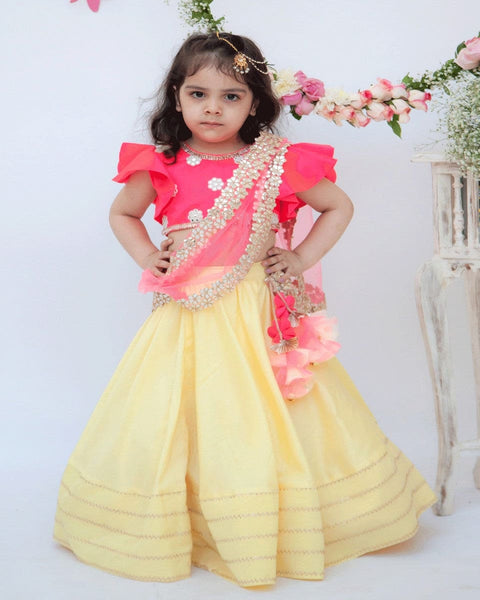 Pre-Order: Yellow Lehenga with Pink Choli and Mirror Boti Dupatta