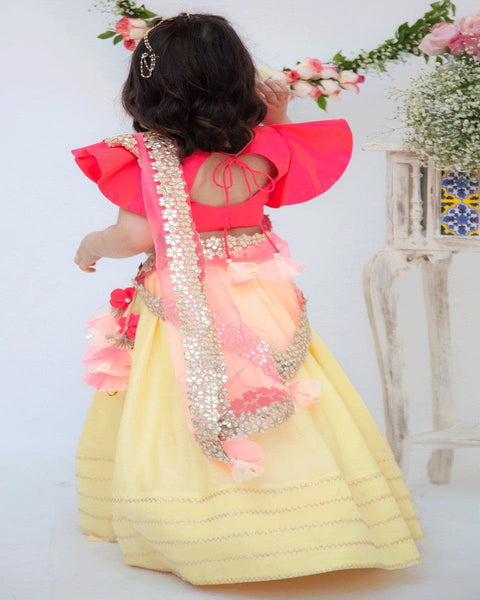 Pre-Order: Yellow Lehenga with Pink Choli and Mirror Boti Dupatta
