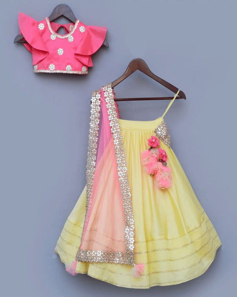 Pre-Order: Yellow Lehenga with Pink Choli and Mirror Boti Dupatta