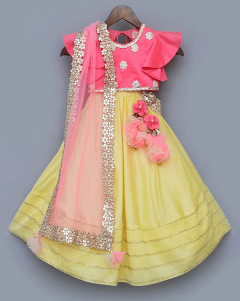 Pre-Order: Yellow Lehenga with Pink Choli and Mirror Boti Dupatta