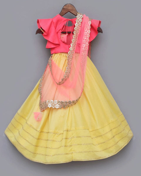 Pre-Order: Yellow Lehenga with Pink Choli and Mirror Boti Dupatta
