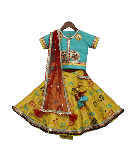 Pre-Order: Yellow Brocade Lehenga with Blue Choli