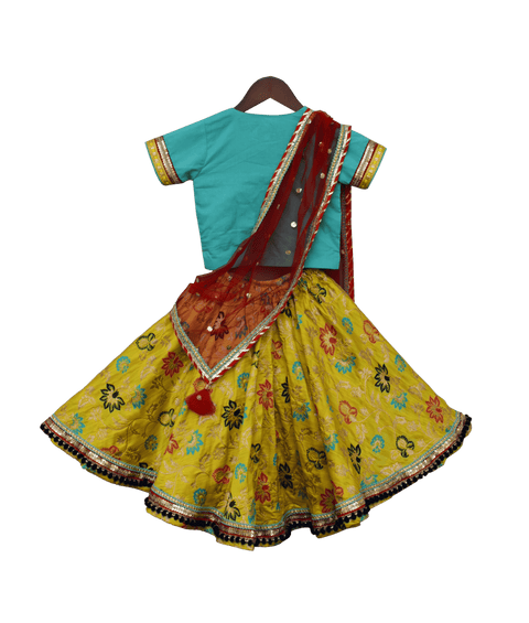 Pre-Order: Yellow Brocade Lehenga with Blue Choli