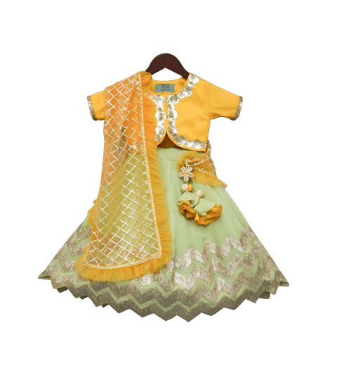 Pre-Order: Yellow Choli with Pista Green Gota Lehenga