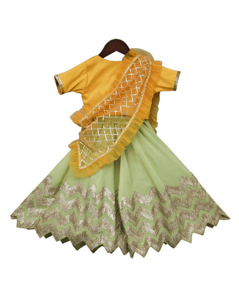 Pre-Order: Yellow Choli with Pista Green Gota Lehenga