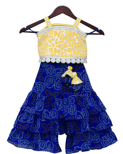 Pre-Order: Yellow Embroidery Top with Blue Leheriya Sharara