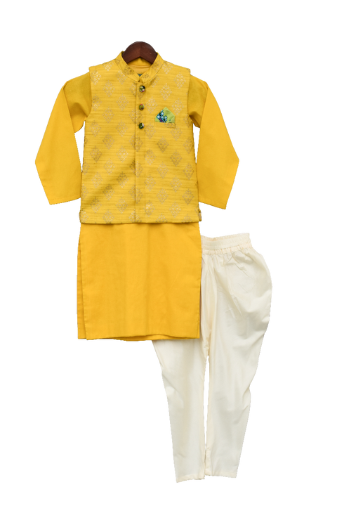 Pre-Order: Yellow Foil Printed Nehru Jacket Set