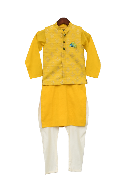 Pre-Order: Yellow Foil Printed Nehru Jacket Set