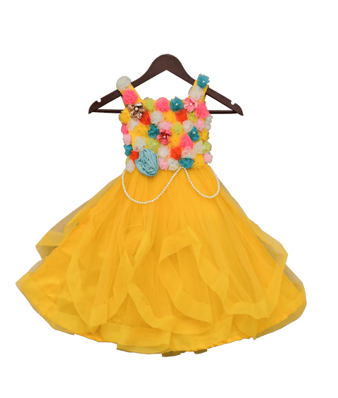 Yellow Gown with Multi Colours Flowers