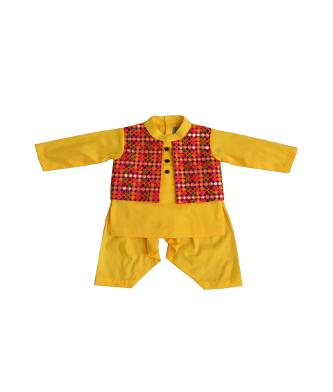 Yellow Kurta with attached Phulkari Jacket