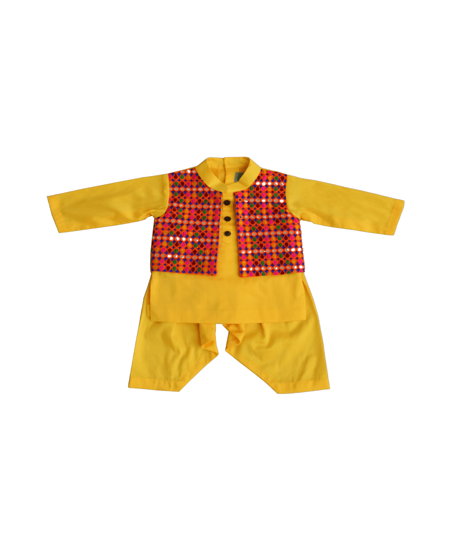 Yellow Kurta with attached Phulkari Jacket Peony Kids Couture