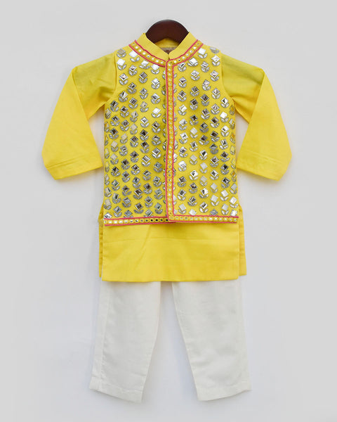 Pre-Order: Yellow Kurta with Mirror Work Jacket and Pants