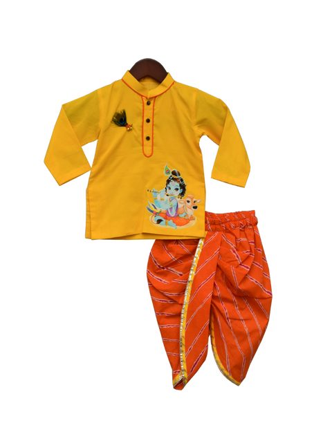 Pre-Order: Yellow Kurti with Orange Leheriya Dhoti
