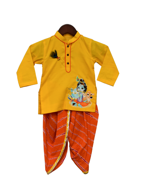 Pre-Order: Yellow Kurti with Orange Leheriya Dhoti