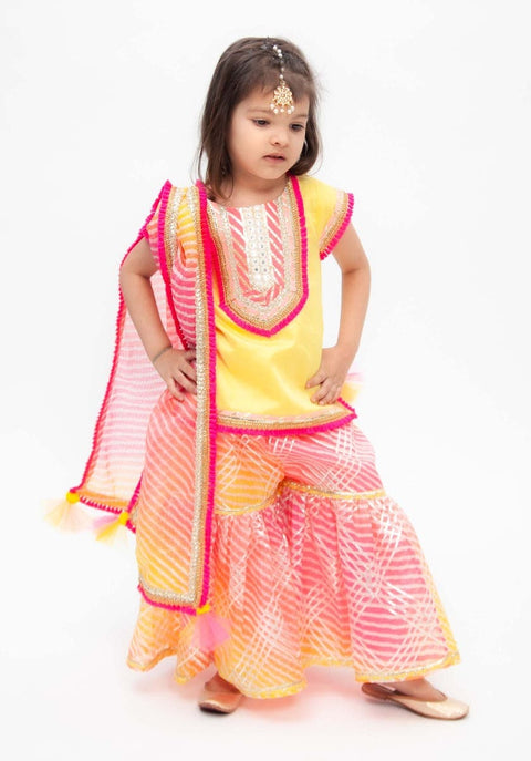 Pre-Order: Yellow Kurta with Pink Kotta Print Fabric Sharara and Dupatta Set