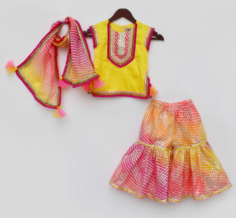 Pre-Order: Yellow Kurta with Pink Kotta Print Fabric Sharara and Dupatta Set