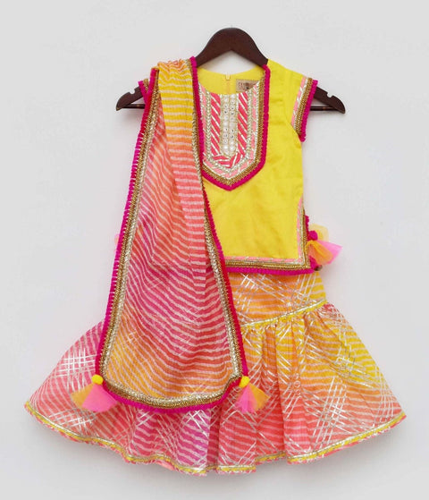 Pre-Order: Yellow Kurta with Pink Kotta Print Fabric Sharara and Dupatta Set