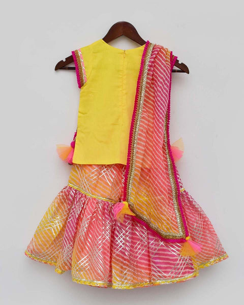 Pre-Order: Yellow Kurta with Pink Kotta Print Fabric Sharara and Dupatta Set