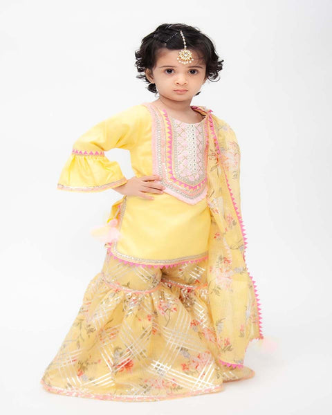 Yellow Kurti with Kotta Print Fabric Sharara and Dupatta